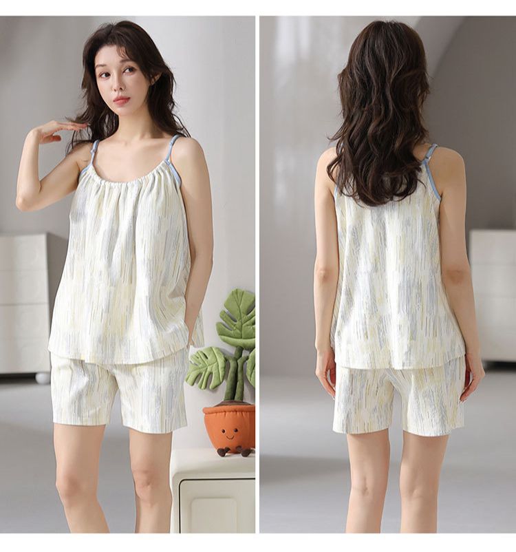 Lässiges Sommer-Pyjama-Set | Lockere Hosenträger für Damen, 100 % Baumwolle, Größe S – Frische Shorts mit Brustpolstern_voghion.com