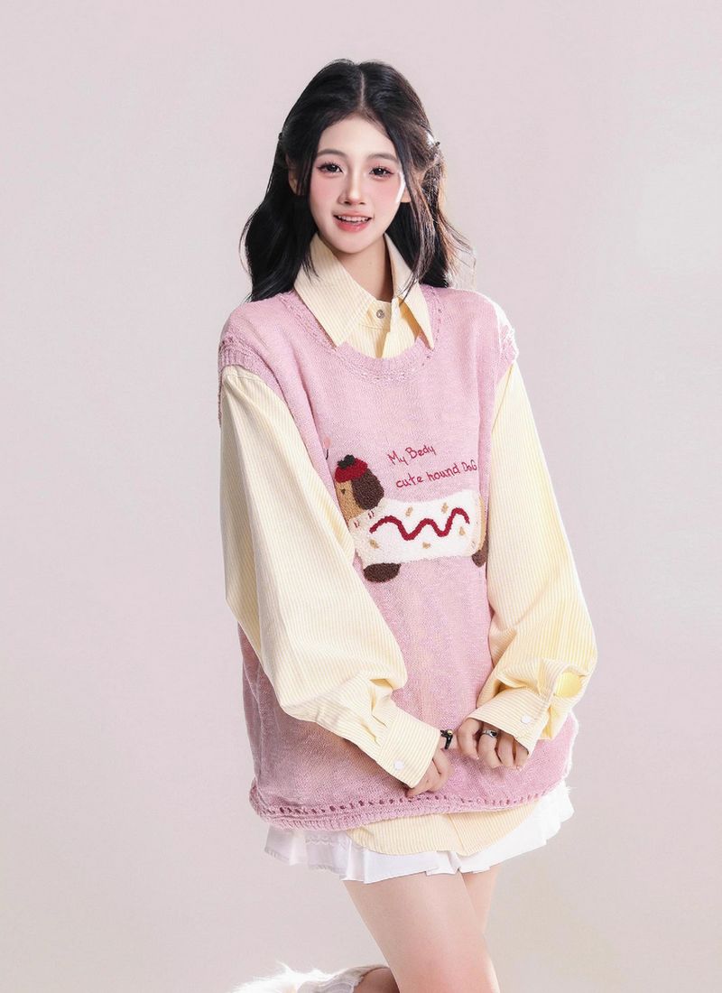 Dulce Renacimiento: Chaleco de suéter de punto sin mangas con bordado de perro para mujer, diseño de primavera y otoño._voghion.com