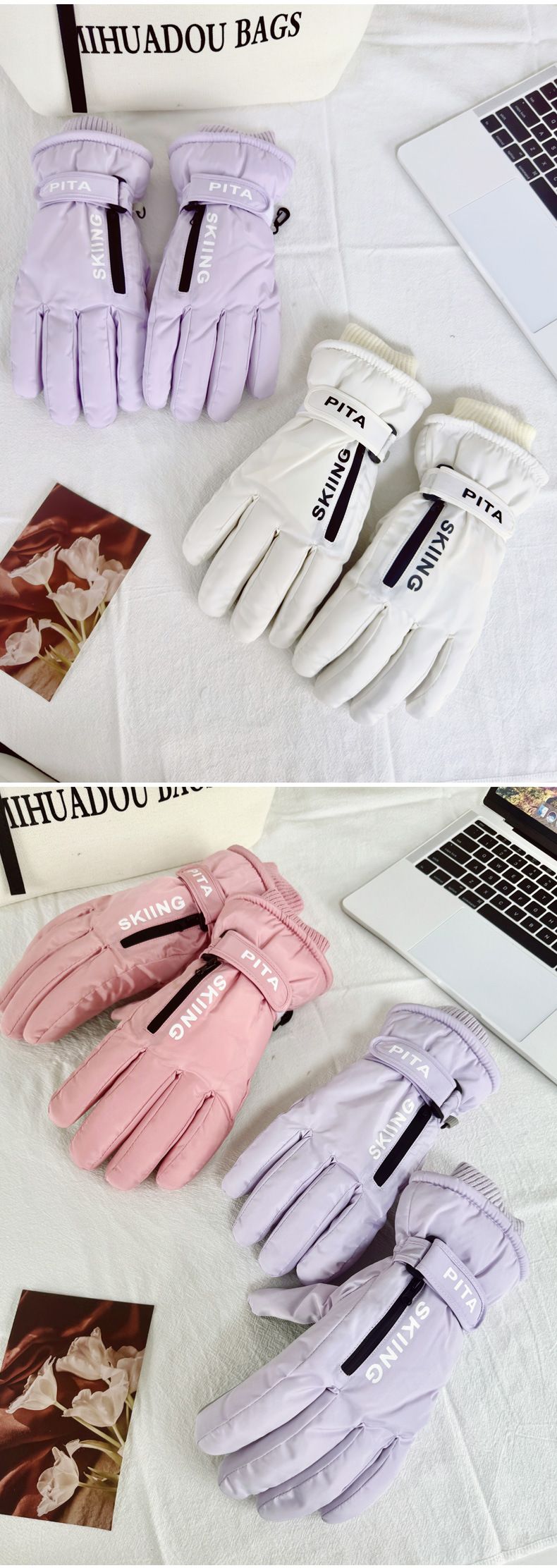 Guanti da sci touchscreen a palmo intero da donna in pile con cerniera spessa, per ciclismo invernale, bici elettrica, antifreddo e antivento_voghion.com