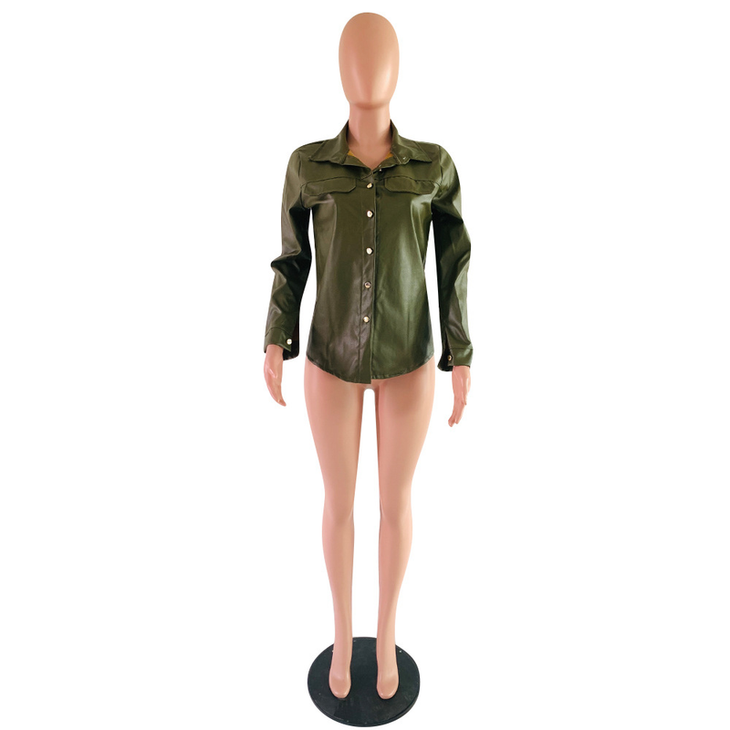 Maglietta a maniche lunghe in PU casual alla moda da donna_voghion.com