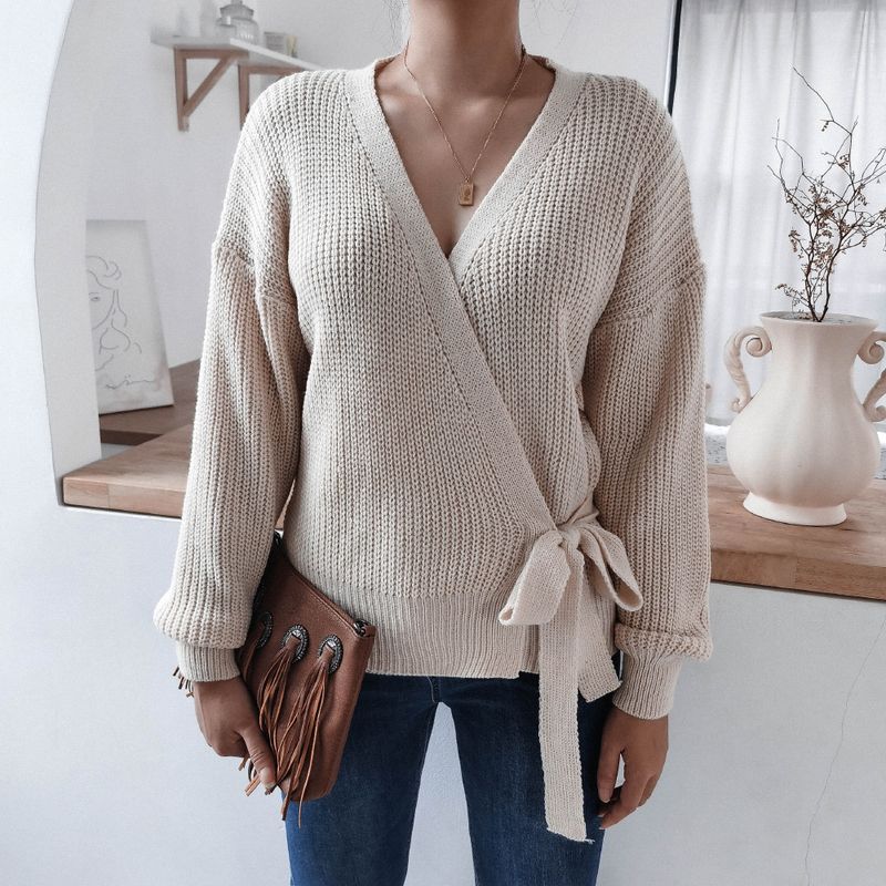Maglione lavorato a maglia con nodo e scollo a V casual autunno inverno Abbigliamento da donna_voghion.com