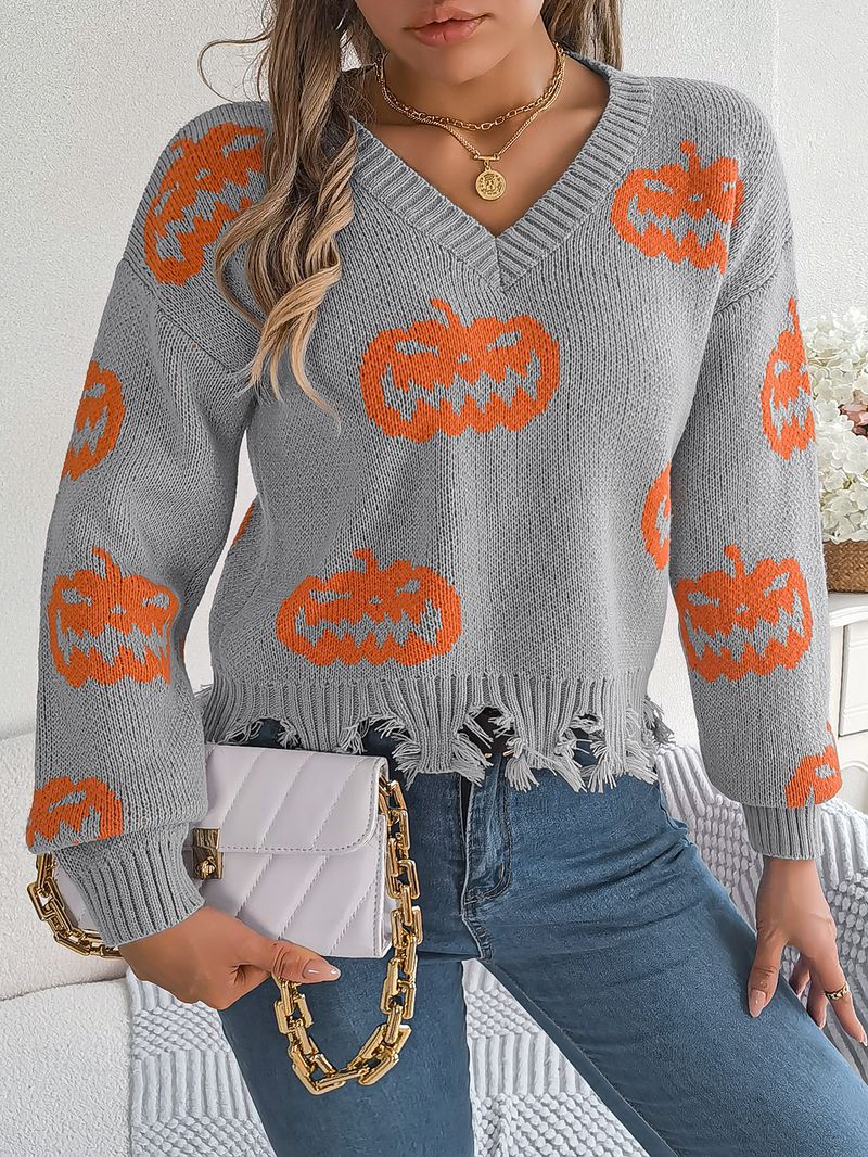 Autumn Winter Halloween Color-Block Pumpkin Cut Long Sleeve Pullover Sweater Women's Fashion_voghion.com