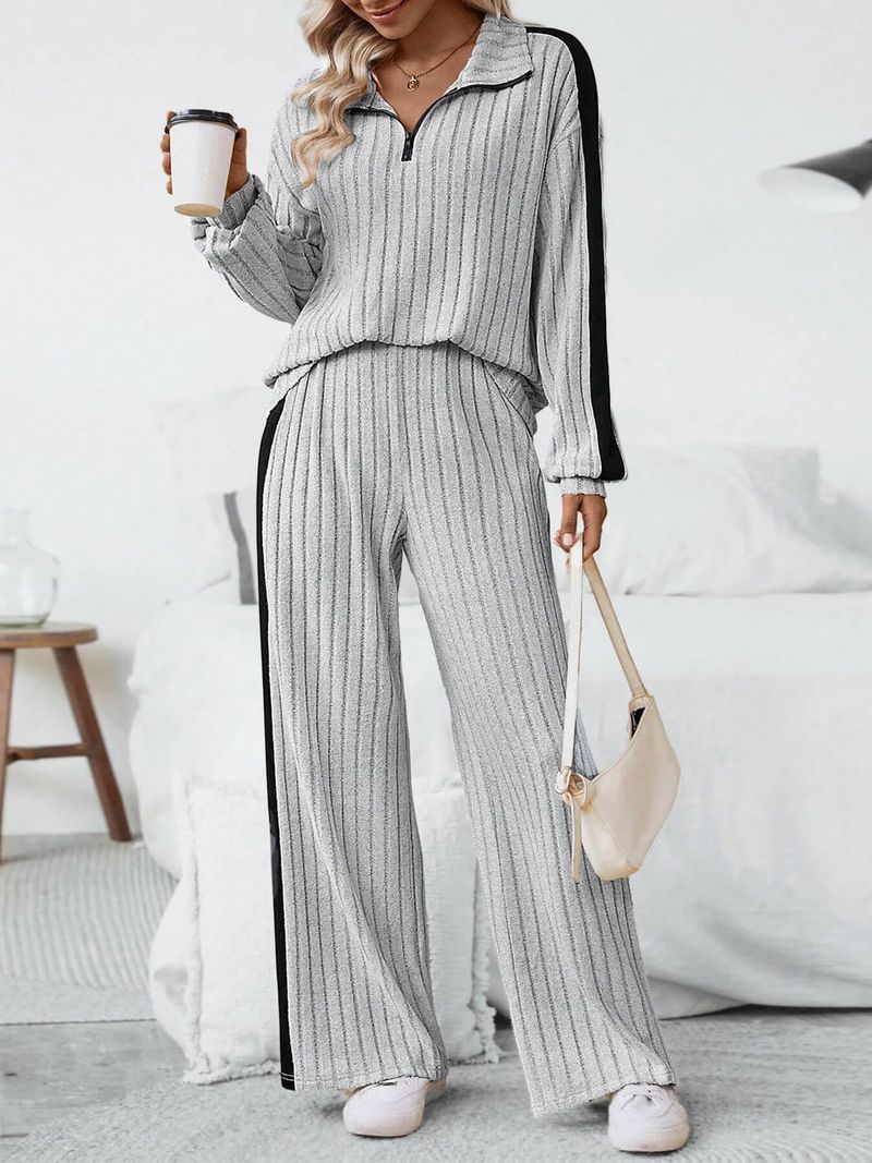 Ensemble deux pièces élégant pour femme, sweat à capuche et pantalon large, manches chauve-souris, maille côtelée, grande taille disponible (gris, vert kaki)_voghion.com