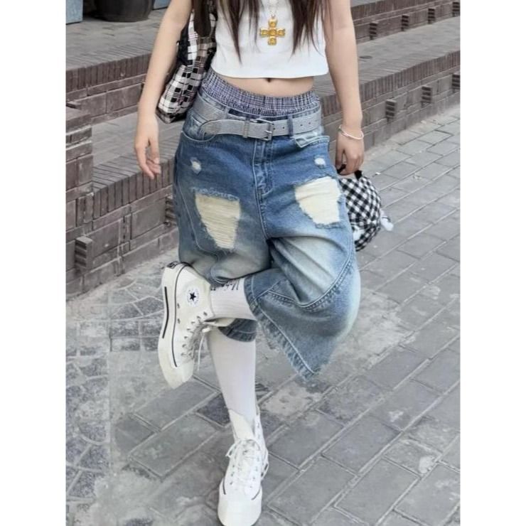 Pantaloncini in denim vintage lavati con gradiente estivo, pantaloni a gamba larga a scimitarra, design high street, versatili ed elasticizzati_voghion.com