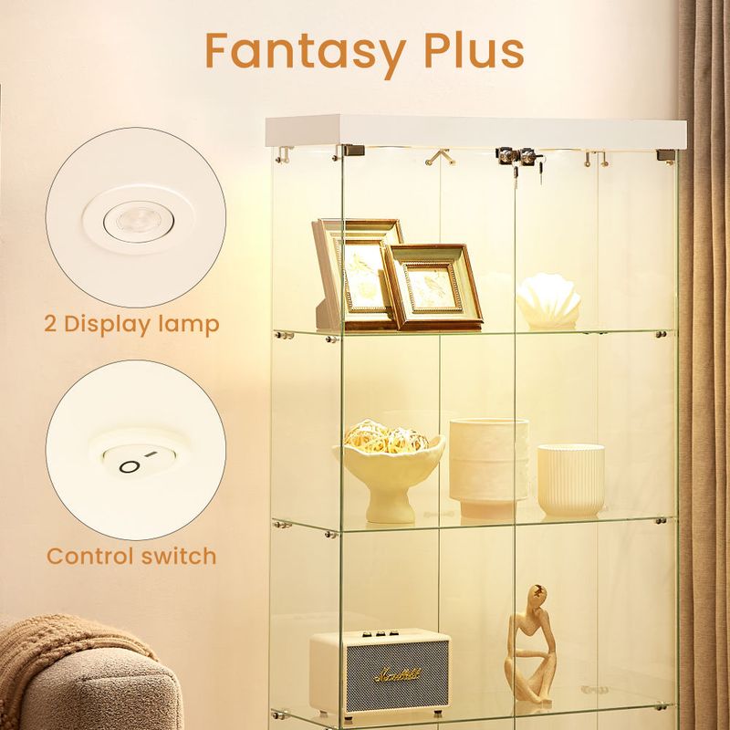 4-Tier Glass Display Cabinet, Double Door Glass Cabinet, Four Partitions, Two Locks, Floor Standing Storage Cabinet for Living Room, Bedroom, Showroom_voghion.com