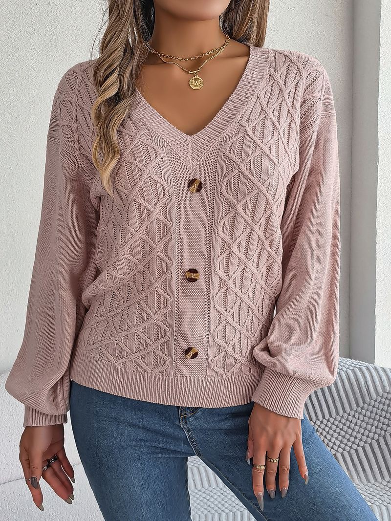 Maglione pullover con maniche a lanterna intrecciate e bottoni casual stile autunno inverno per donna_voghion.com