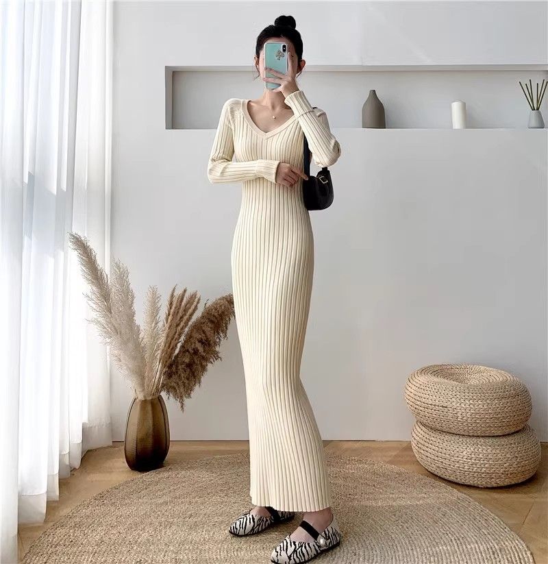 Maglia aderente slim fit con scollo a V extra per donna, autunno e inverno, maglione interno lavorato a maglia, abito lungo sopra il ginocchio_voghion.com