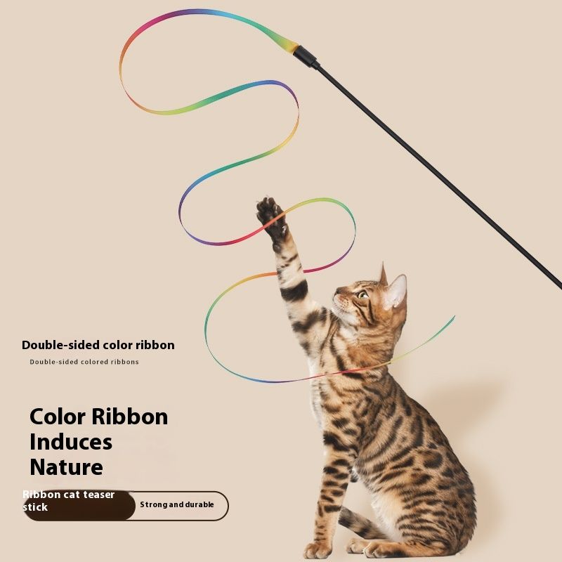Prodotti per animali domestici, giocattoli famosi su Internet, bastone teaser a palo lungo, nastro arcobaleno bifacciale, interazione con i gatti, auto_voghion.com
