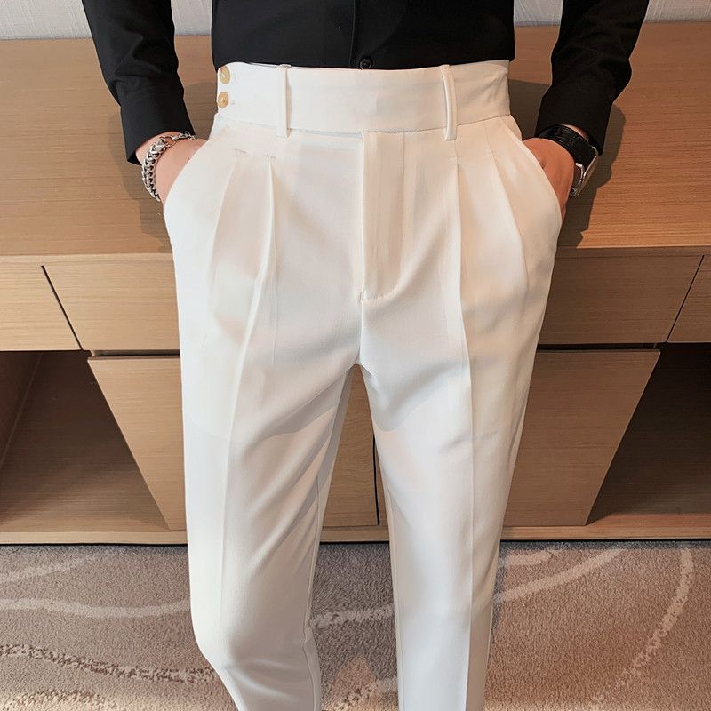 Pantaloni napoletani da uomo nuovi di zecca, in twill strutturato, con vita a pieghe, design casual a nove punte, vita media e alta_voghion.com