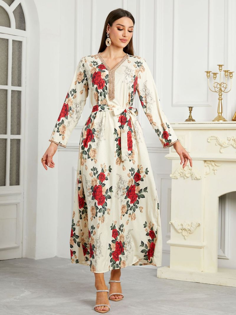 Elegantes muslimisches Abaya-Kleid mit Blumendruck und Schleife – schlichtes Langarmkleid für Damen (S-XXL)_voghion.com