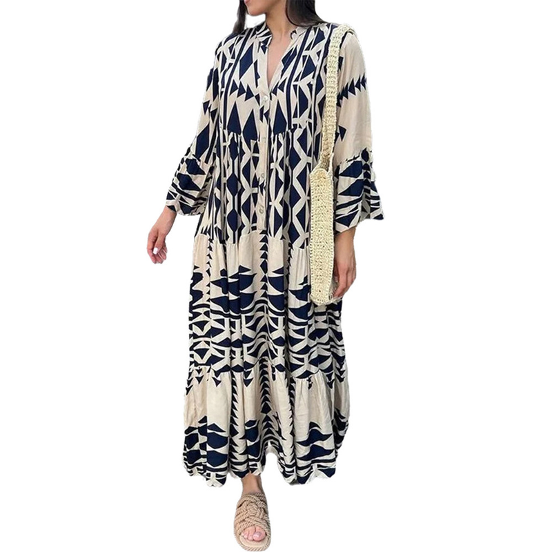 Damenbekleidung Herbst New Pullover Printed Bohemian Kleid_voghion.com