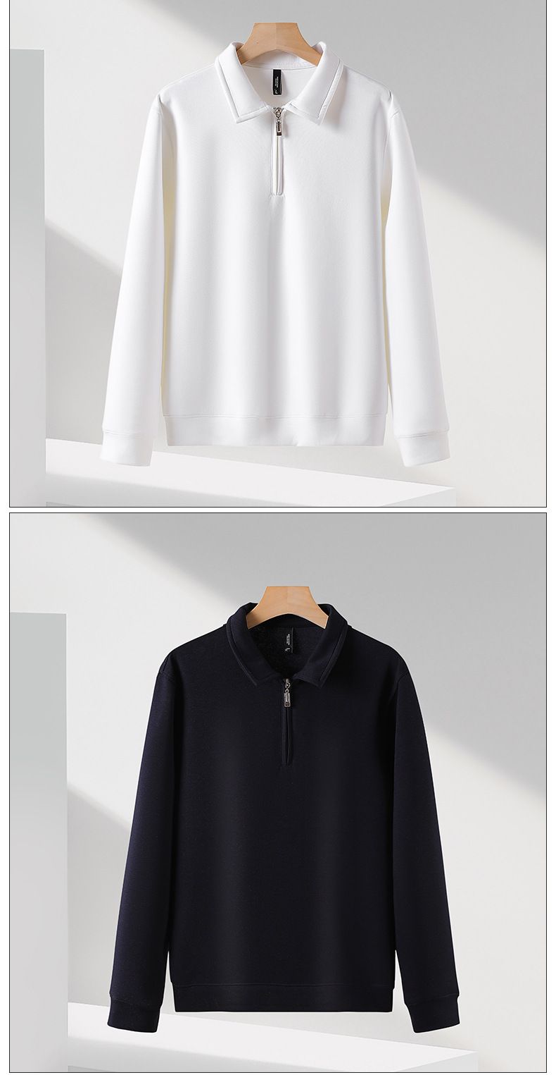 Herren-Polo-Sweatshirt mit halbem Reißverschluss, 360 g, schweres Gewicht – Premium-Mamba-Baumwolle, entspannte Passform, lässiger Pullover mit Kragen (Weiß, Schwarz, Marineblau)_voghion.com