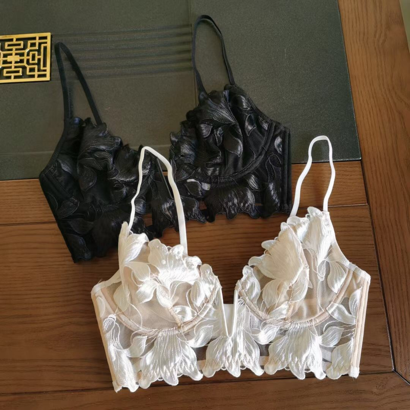 Nuovo reggiseno intimo sexy in pizzo ricamato con scollo a V profondo per donna, con seno grande ultra sottile e piccola arricciatura._voghion.com