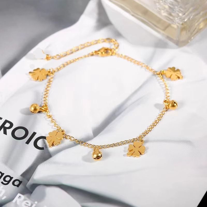 Titanium Steel Bracelet Four-Leaf Clover Bell Anklet For Women, Sound-Activated, Ancient Style, Ins Niche Design,_voghion.com
