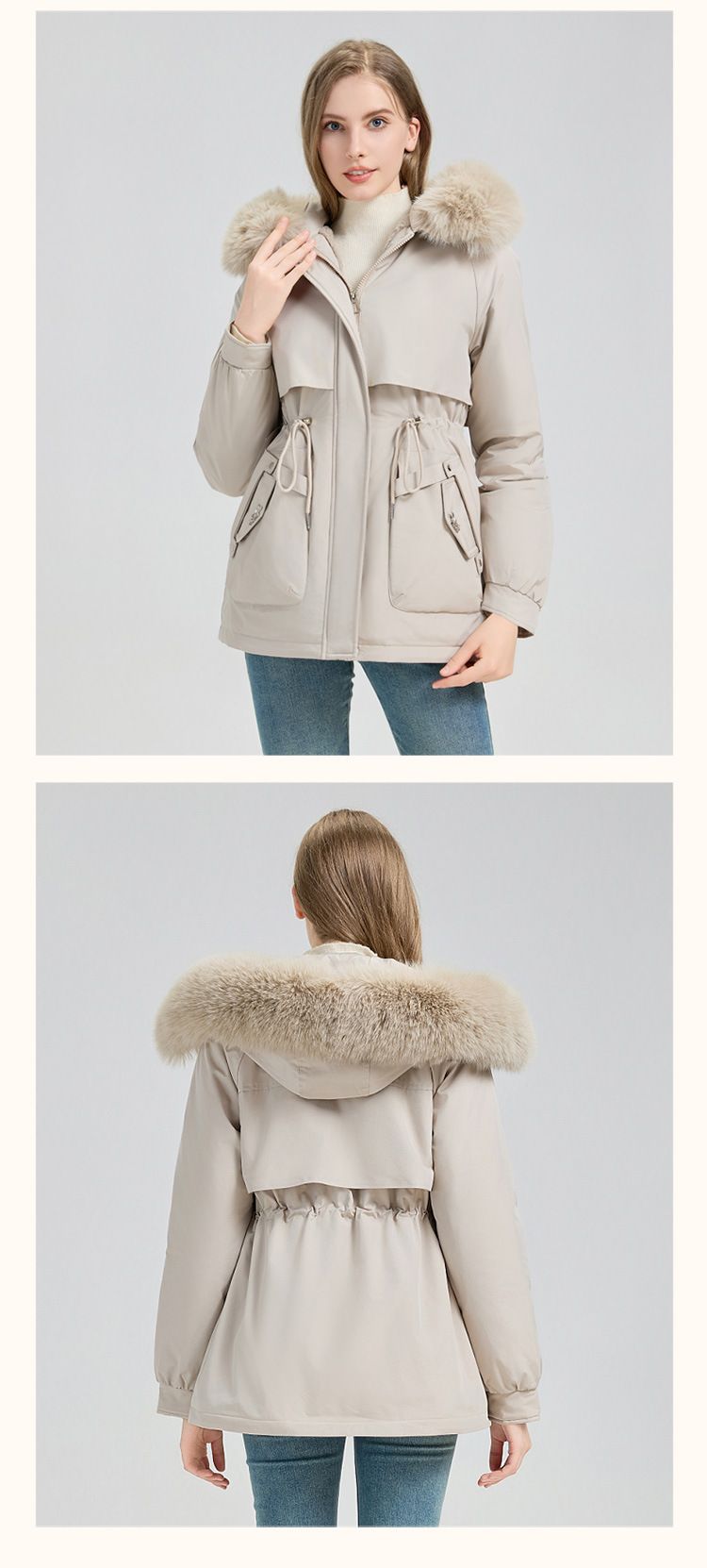 „Übergroßer gesteppter Parka mit abnehmbarem Kunstpelzbesatz – straßentauglicher Kokonmantel (Khaki/Creme/Mokka/Schwarz/Oliv, M-XXXL_voghion.com