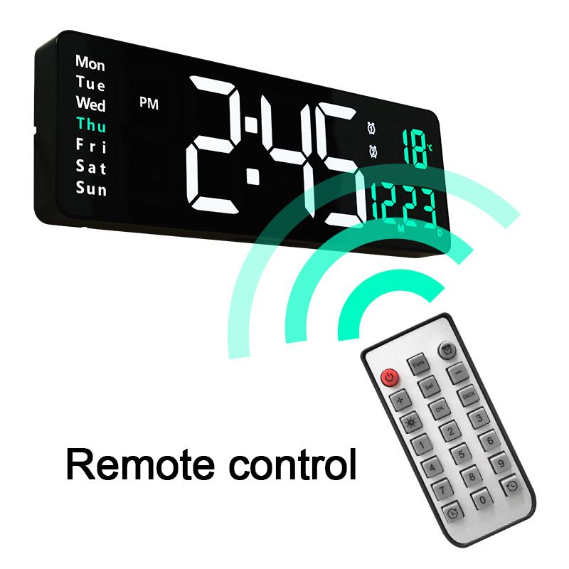 Grande orologio da parete elettronico con telecomando, temperatura, data, spegnimento, memoria, orologio da tavolo, doppio allarme, orologi digitali a LED montati a parete_voghion.com