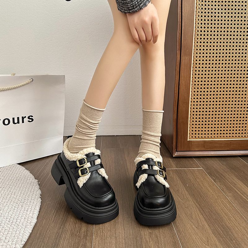 Plush cotton Le Fu Mary Zhen small leather shoes, 2023 autumn winter new item, sponge sole, warm and height increasing_voghion.com