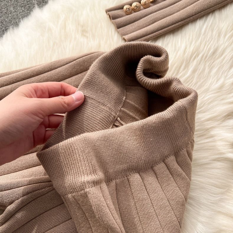 Women's Clothing Metal Buckle Vest Versatile Knitted Cardigan Wide Leg Pants Fashion Three Piece Set_voghion.com