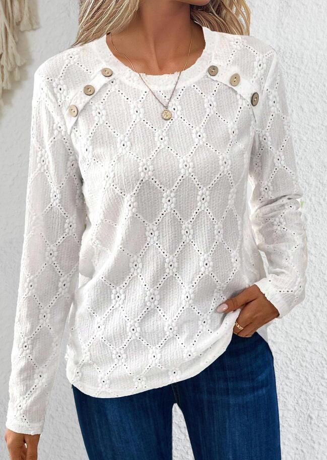 Langermet hvit knappestrikkgenser til dame, med nisjedesign og heklet topp i fransk stil som basislag_voghion.com