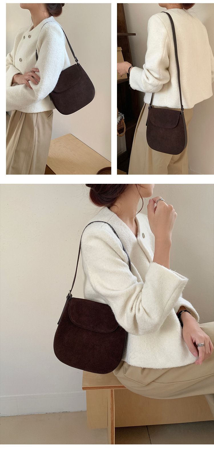 【 Genuine leather women's 】 Suede frosted cowhide saddle with niche design, single shoulder crossbody bag, underarm bag_voghion.com