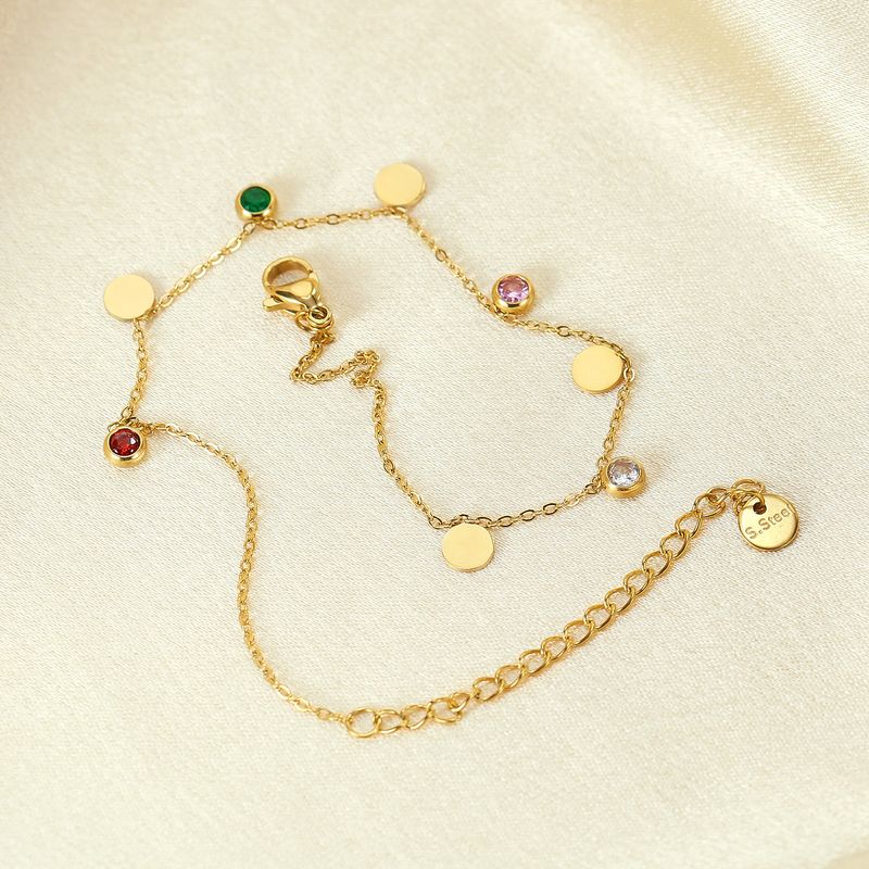 Mode Eenvoudige Dopamine Dames Enkelband Roestvrij Staal Kleurrijke Zirkoon Temperament Geometrische Ronde Stuk Accessoire_voghion.com