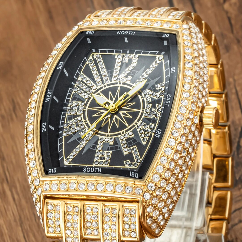 Grote herenhorloges Goud Klassieke Cubaanse Zirkoon Coole Hip Hop Quartz Herenhorloges Grote Wijzerplaat Volledige Iced Out Diamanten Polshorloges_voghion.com