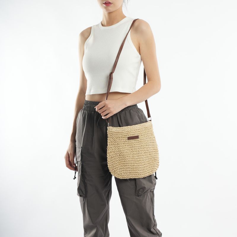 Borsa a tracolla piccola in pelle di marca, semplice, casual, versatile, alla moda, in paglia intrecciata a mano_voghion.com