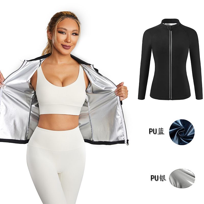 Tuta da sauna a maniche lunghe con collo alto per fitness, corsa, yoga e perdita di peso, traspirante e traspirante, con cerniera_voghion.com