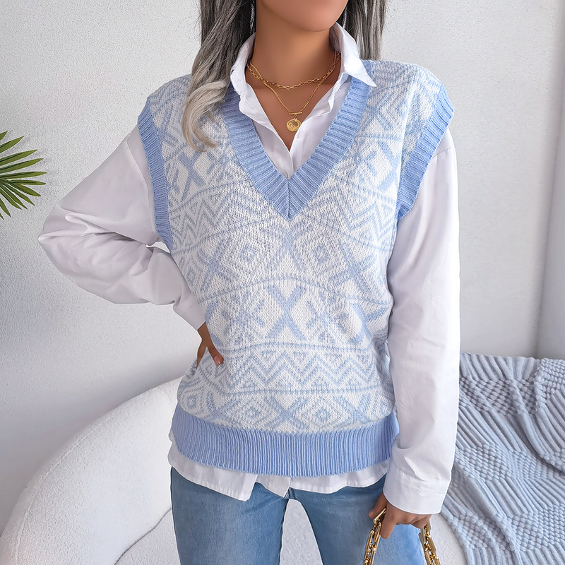2023 Autumn And Winter Christmas Snowflake Pattern V-Neck Knitted Vest Sweater Women's Clothing_voghion.com