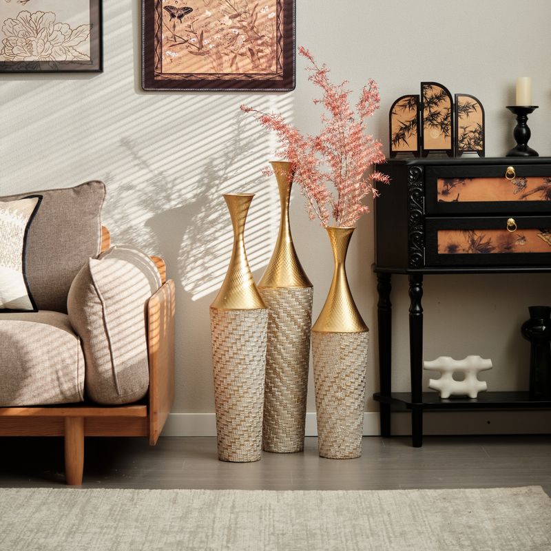 Floor Metal Vase Modern Style Decoration Home Woven Pattern Metal Vase 3-piece Set Gorgeous Home Decoration Large Glazed Metal Vase_voghion.com