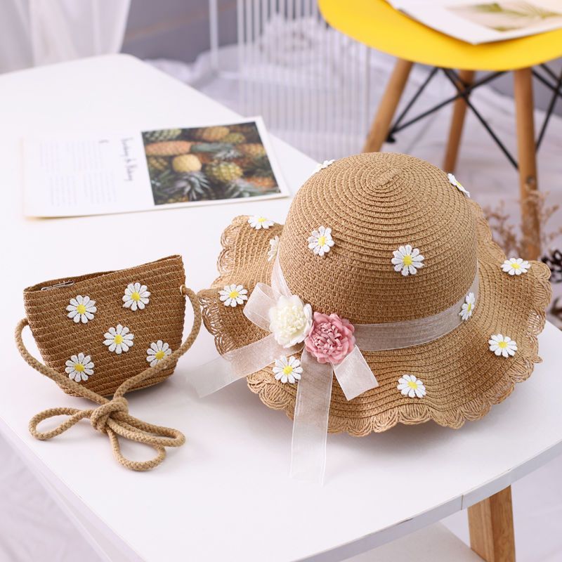 Vendita calda ragazze cappello di paglia per bambini estate spiaggia cappelli pieghevoli set carino berretto floscio misura regolabile con cinturino sotto il mento per 5-10 anni_voghion.com