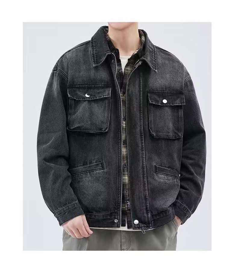 Jaqueta jeans masculina desgastada, casaco de trabalho unissex oversized com bolsos laterais – preto e cinza (M-4XL)_voghion.com