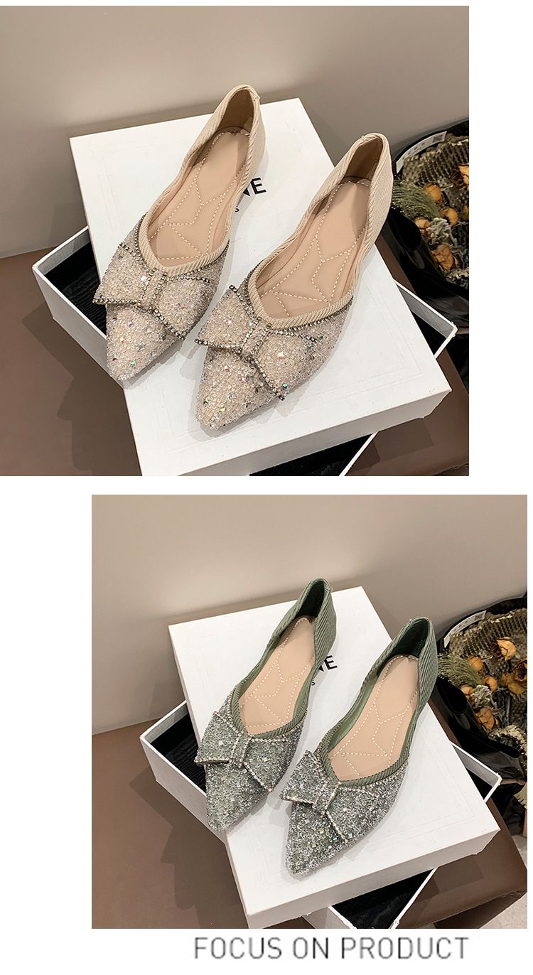 Elegante Ballerinas mit Schleife und spitzer Spitze für Damen – Glitzernde Strass-Ballerinas, Prinzessinnen-Pumps mit niedrigem Absatz, bequeme Slip-On-Abendschuhe_voghion.com