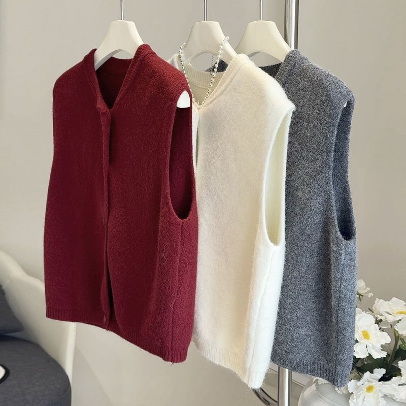 Single-Breasted Knitted Vest For Women, Autumn And Winter New Loose Slimming Soft Sweater, Layered Outerwear, Sleeveless_voghion.com