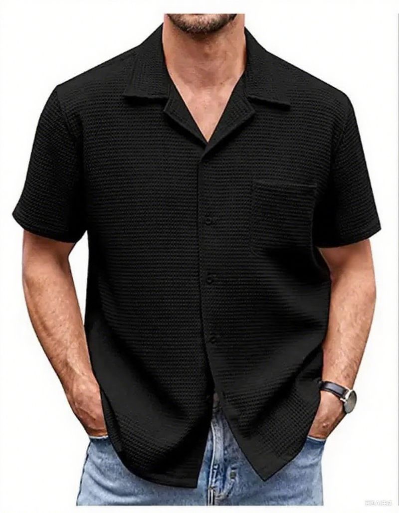New Products Men's Summer Suit Collar Solid Color Short Sleeved Waffle Men's Shirt_voghion.com