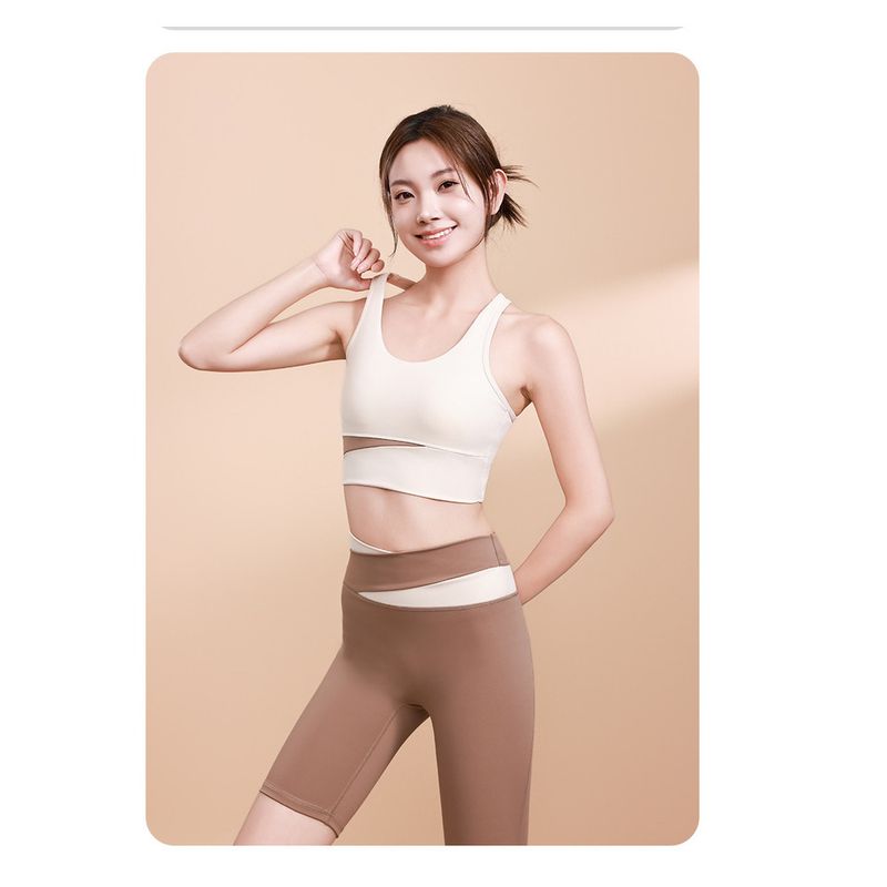 Color Block High Tummy Control Peach Butt Crop Top Yoga Shorts Set Shockproof Gather Waist Slimming Leg Fitness Bra_voghion.com