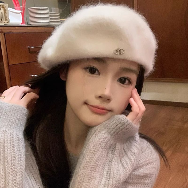 Baskenmütze für Damen aus Angora-Kaninchenhaar-Wollmischung für Winterwärme und Kälteschutz_voghion.com