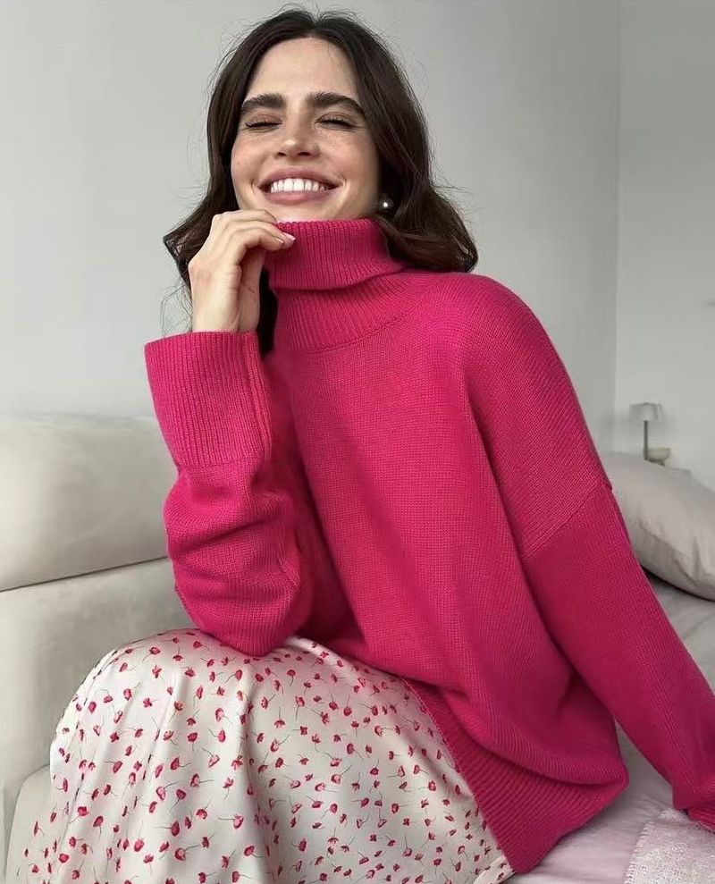 Pull oversize en tricot à col montant pour femme – Pull doux en acrylique (15 couleurs) – Indispensable pour l'hiver, minimaliste et confortable (taille unique)_voghion.com
