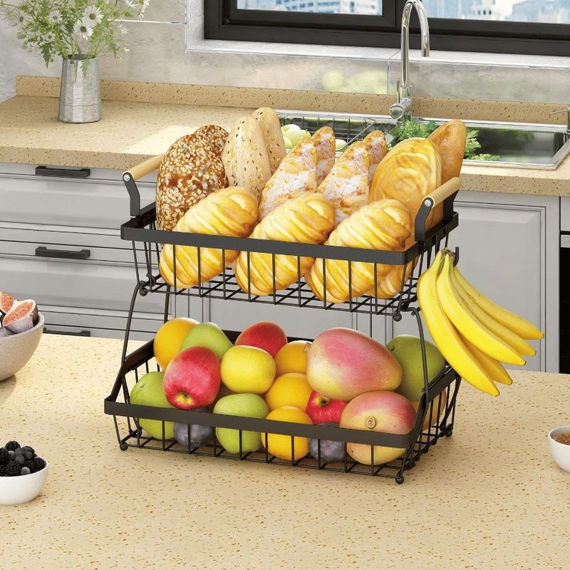 2 Kitchen Tier Farmhouse Basket Countertop Detachable With Storage Side Bread Hooks Bowl Vegetable Fruit Basket Metal For Fruit_voghion.com