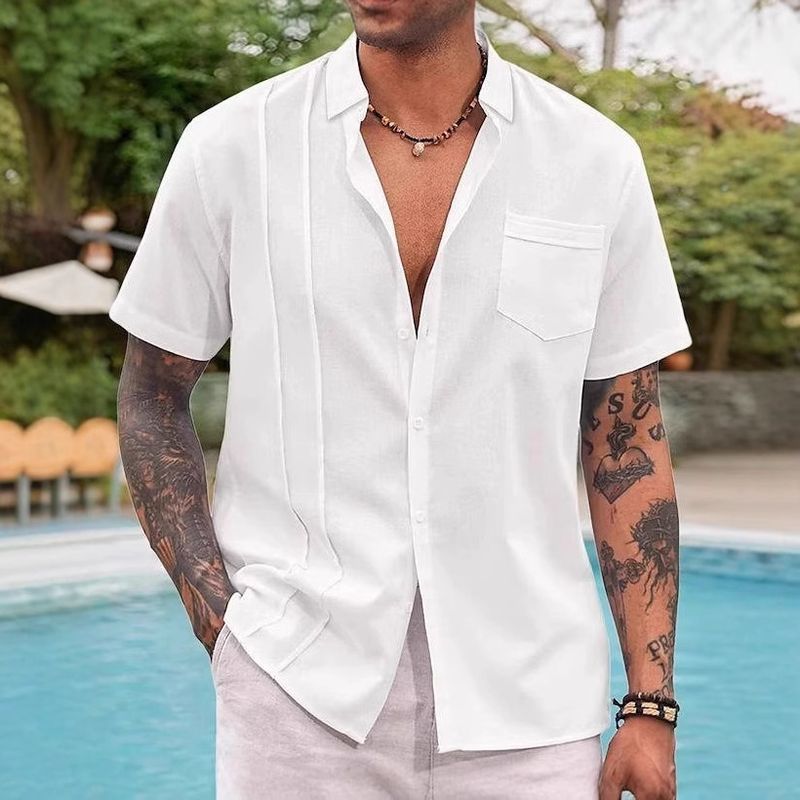 Camicia estiva lunga da uomo, per adolescenti, in cotone e lino, a maniche corte, con risvolto, tinta unita_voghion.com