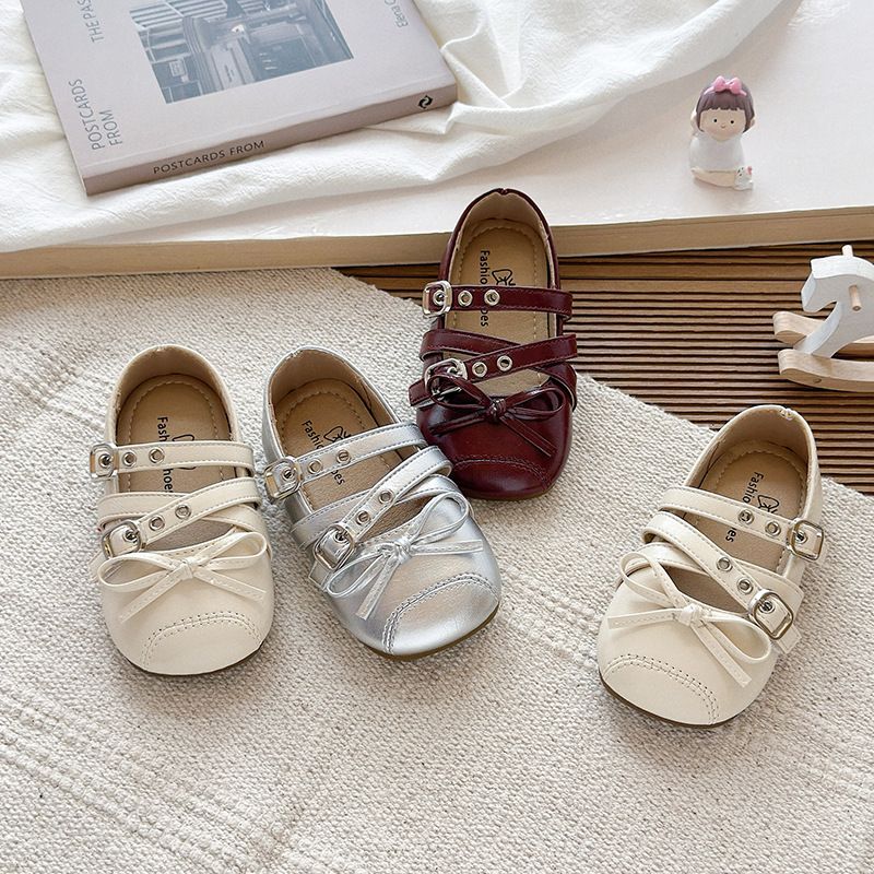 Scarpe da ballo francesi da bambina, stile Mary Jane, in pelle, con fiocco, autunno 2025, nuove e argentate_voghion.com
