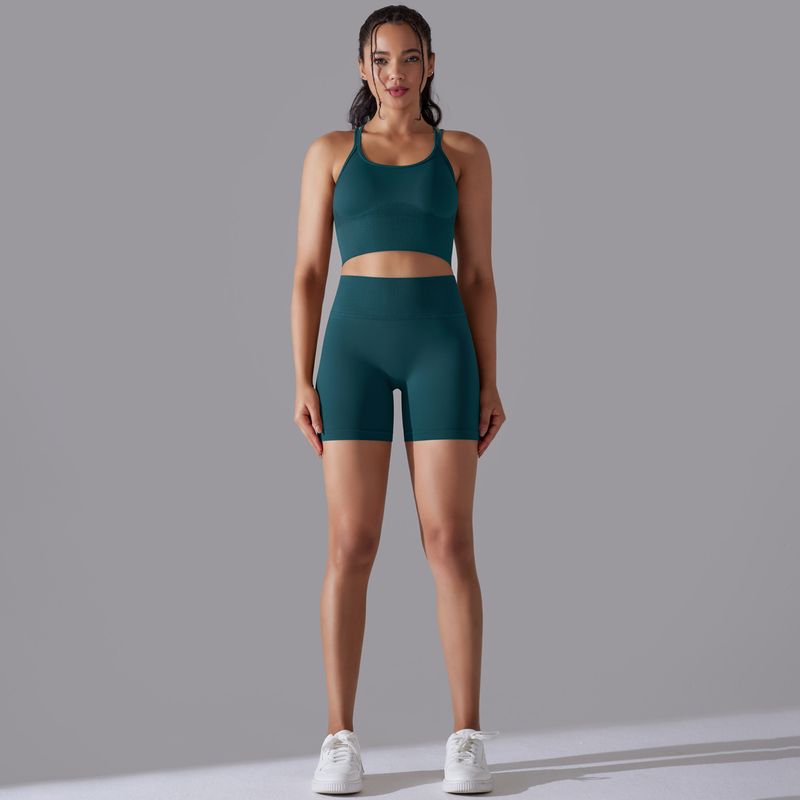 Seamless Knitted Solid Color Beauty Back High Elastic Tight Yoga Running Fitness Suit Two Piece Set for Women_voghion.com