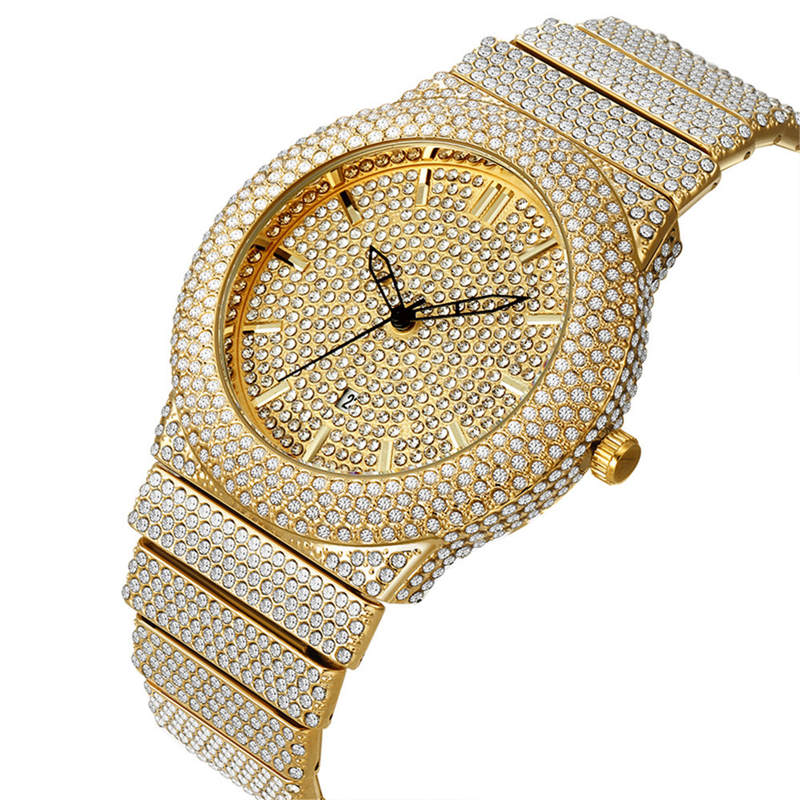 Luxuriöse Hip-Hop-Herrenuhr mit Diamantakzenten und Gold-Finish – Datumsanzeige, Quarzwerk, modisches Statement, Hip-Hop-Diamant, Luxus, goldenes Datum_voghion.com
