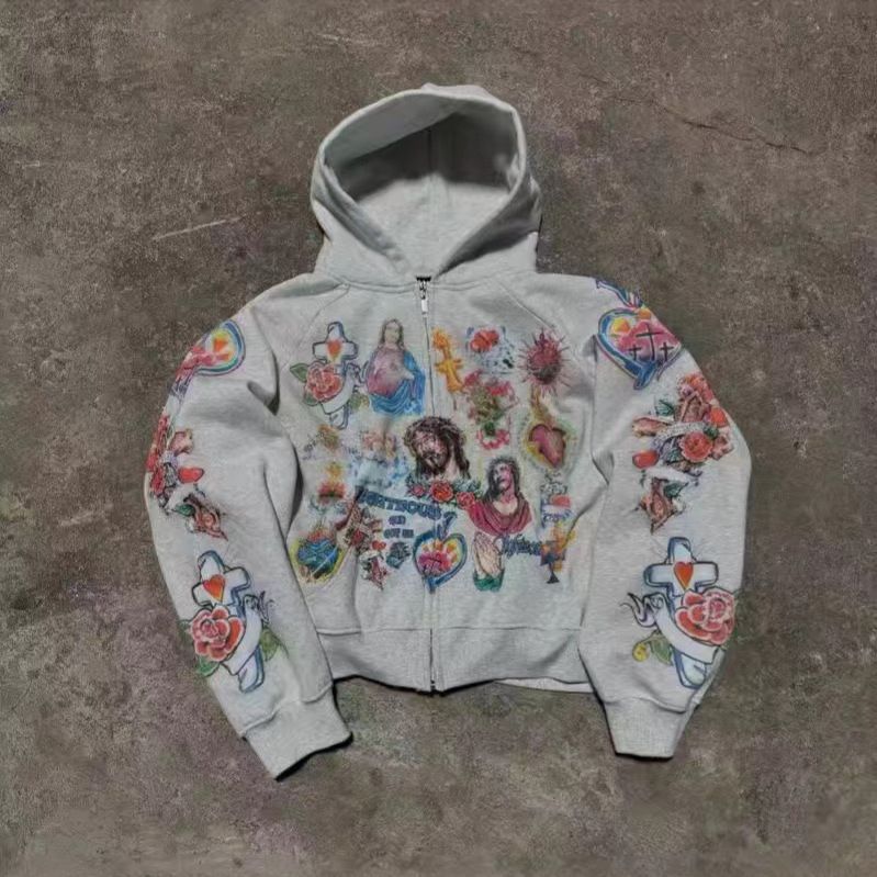 2024 RIGHTEOUS Cartoon Print Hooded Zipper Sweatshirt Casual Loose New Arrival_voghion.com