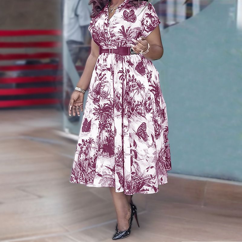 Women's Clothing Large Size Women's Printed Stand Collar Belt Dress_voghion.com