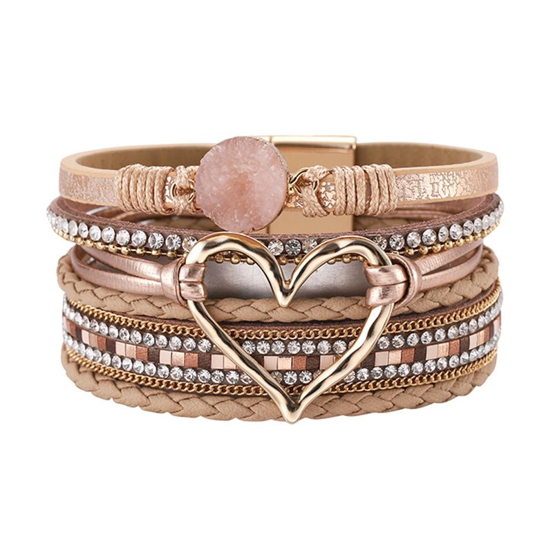 Set di bracciali a strati bohémien - Bracciale rigido regolabile a cuore aperto e catena con perline_voghion.com
