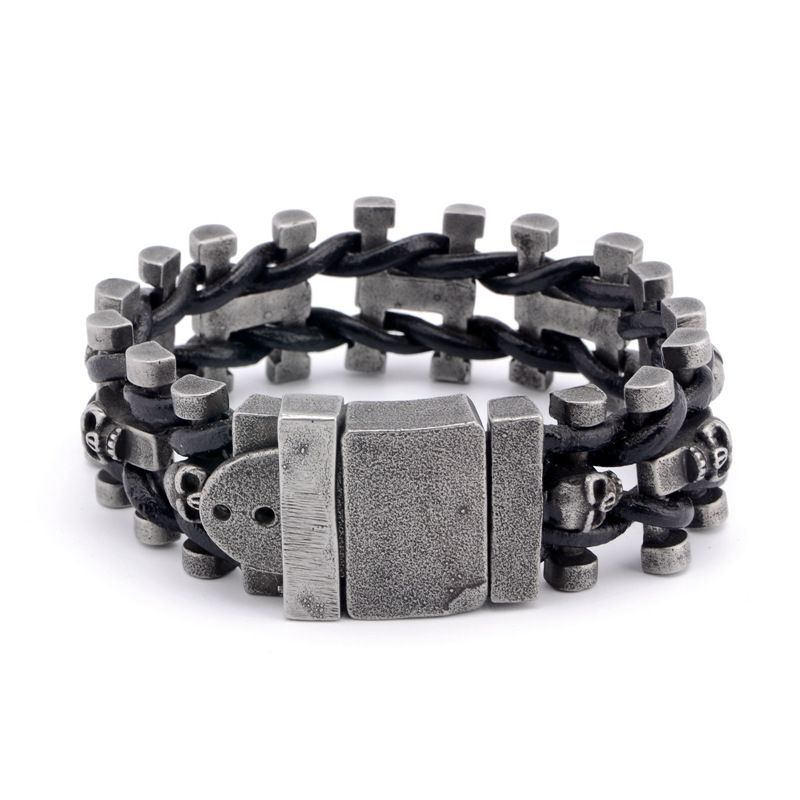 Hip-Hop-Stil Titan Stahl Schnalle Leder Totenkopf gewebt Herren Armband Punk Schmuck_voghion.com