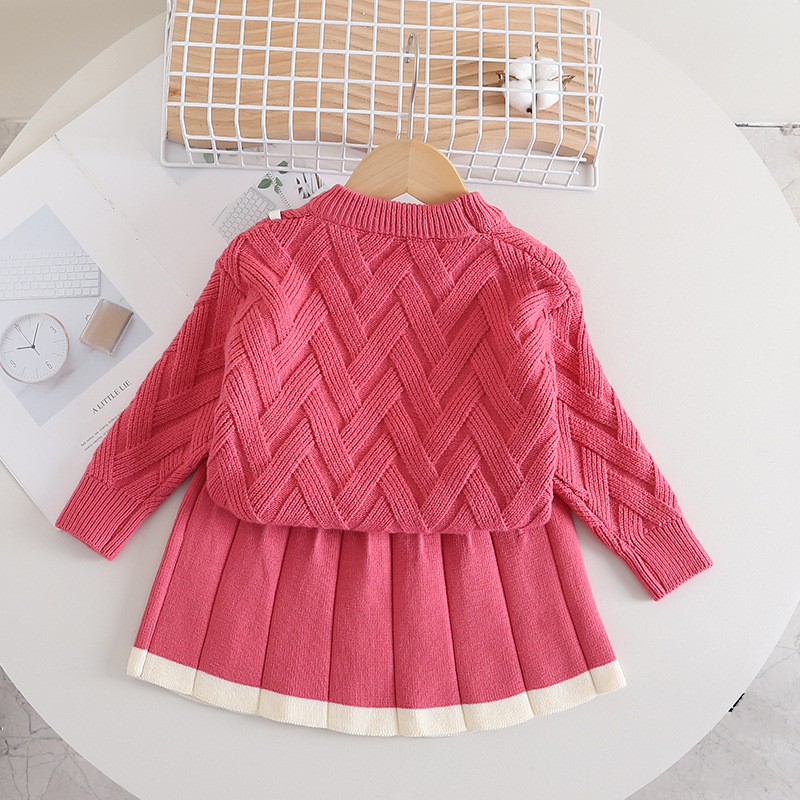 Mädchen Pullover Kleid Herbst Und Winter Reine Farbe Kaninchen Kopf Stricken Zwei-stück Langarm Für Baby Mädchen_voghion.com