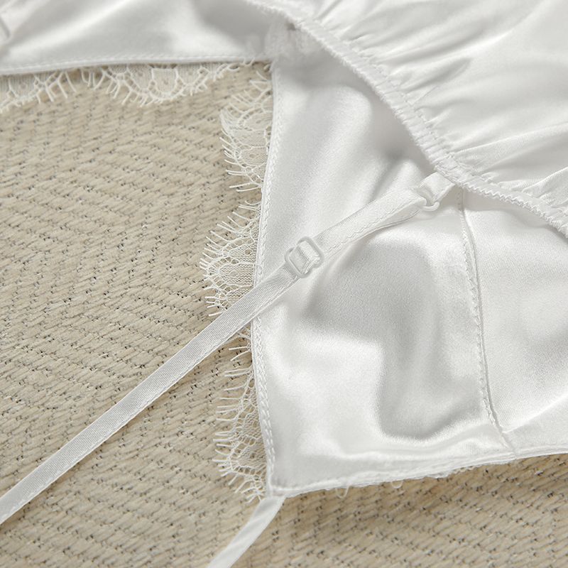 Elegante set da notte con finiture in raso e piume - Lussuosa vestaglia e camicia da notte bianche, poliestere traspirante, abbigliamento da casa e da hotel, comfort per tutte le stagioni_voghion.com