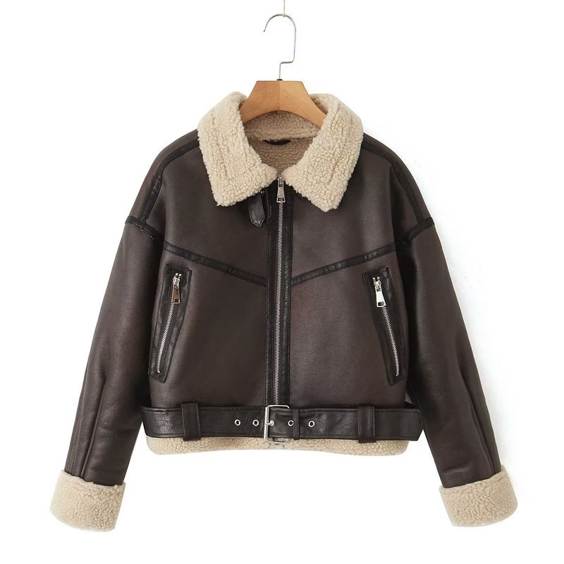 Blouson aviateur en fausse fourrure pour femme - Manteau court streetwear tendance avec col à revers, style gothique, coupe ample, fermeture éclair, marron foncé_voghion.com